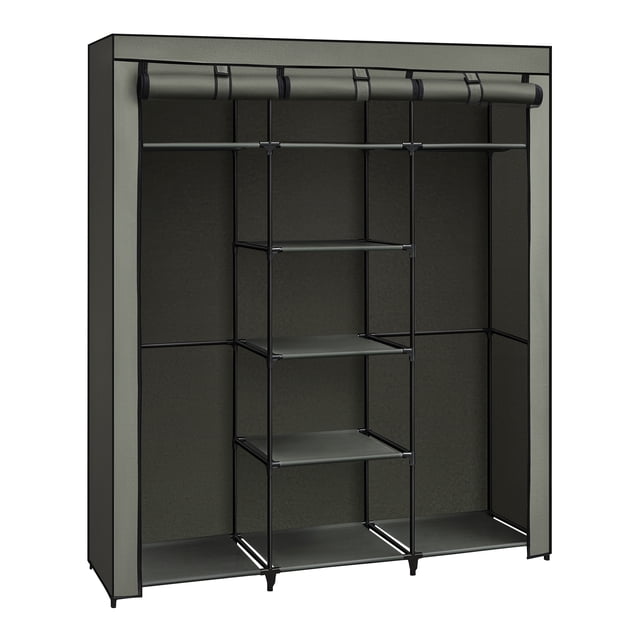 SONGMICS Portable Clothes Closet, Non-Woven Fabric Wardrobe, Storage Organizer in dark green. Features two hanging rods and nine storage shelves for organizing clothing, bags, and accessories. Made with fleece fabric and steel tubes, it includes a zippered fabric cover for dust protection. Dimensions: 45 x 150 x 175 cm.
