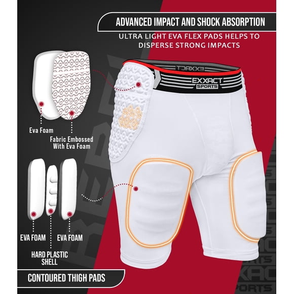 Exxact Sports Rebel 5-Pad Adult Football Girdle for Men with Integrated Hip Thighs Tailbone Pads Padded Compression Shorts Mens Girdle Football with Cup Pocket (White AL)