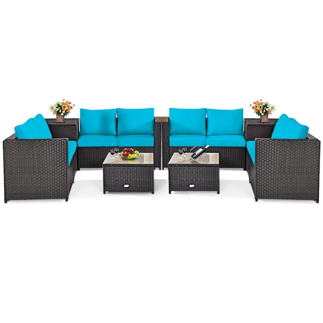 Costway Ensemble de Mobilier d'Extérieur en Rotin pour Patio 8 Pcs Coussin Causeuse Table de Rangement Turquoise