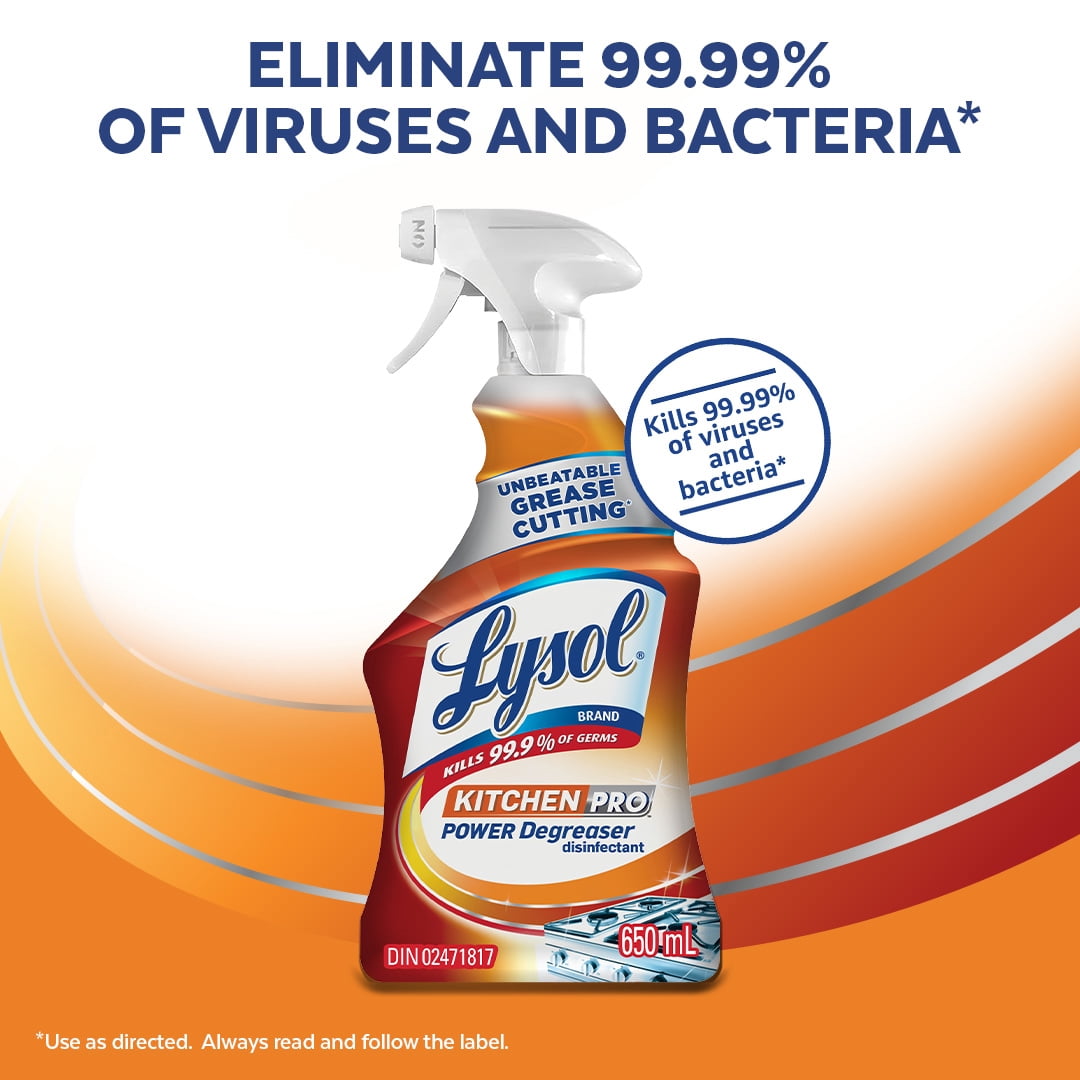 Nettoyant antibactérien de cuisine Lysol, dégraissant puissant Kitchen-Pro, dégraissage imbattable, 650 ml