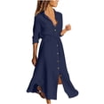 thumbnail image 1 of Ersazi Robe pour Femmes 2023 Robe pour Femmes de Couleur Unie à Simple Boutonnage à Revers avec Cordon, Robe Chemise en Coton et Lin, Robe Blazer Mode, Navy, S, 1 of 9
