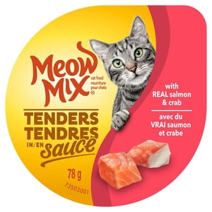 Meow Mix Tenders en sauce au vrai saumon & Crabe, Nourriture de chat mouillé, 78G
