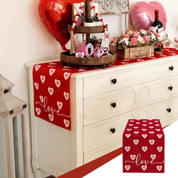 Vaidha Valentine's Day Table Runner | 13x72 Inch Long Red Flax Tablecloth | Romantic Heart Art Texture | Soft Holiday Decor for Dining Table Kitchen Party Wedding