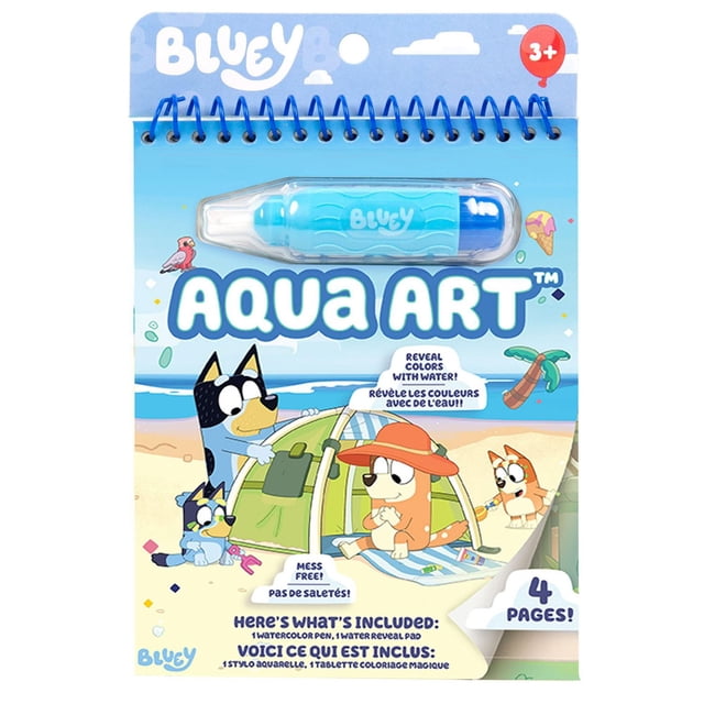 Bluey Tapis d'Activités Aqua Art à Spirale 6 Po x 7,5 Po avec 8 pages et Stylo Pinceau à Eau Rechargeable. Gros Plan Orienté vers l'Avant Montrant une page Blanche en Peinture pour Révéler des Scènes Bluey Colorées (Fête à la Piscine, Journée à la Plage, Chasse au Trésor), Invites pour des Activités Ludiques et des Conseils pour 3+ pour Exercer la Motricité fine; Utilisé Souvent comme Divertissement de Voyage Silencieux.