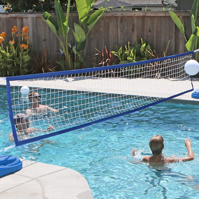 Jpxdew Pool Volleyball Net in blue plastic, measuring 180x36 inches, set up over a swimming pool. The portable volleyball net features a durable non-tear mesh and adjustable tension straps, supported by flexible brackets. Waterproof and lightweight, ideal for pool or beach games.