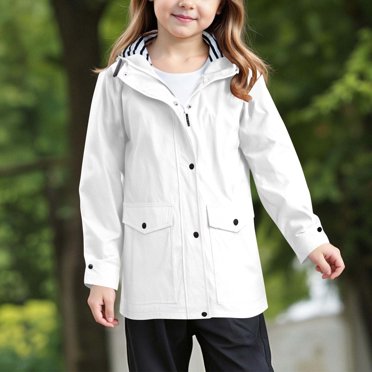XIMIN Kid Girls Solid Color Rain Jacket Waterproof Windbreaker Preppy Hooded Lightweight Full Zip Button Down Raincoat Ski Coat Hiking Rain Outwear