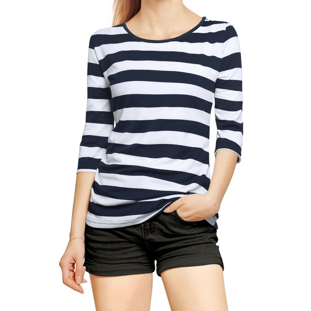 INSPIRE CHIC T-Shirt à Manches au Coude pour Femme Col Rond Coupe Ajustée Basique Rentrée des Classes Décontracté Imprimé T-Shirt Blanc Bleu Foncé m