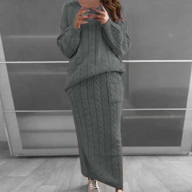 Dvkptbk Chandails pour Femmes Chandail à Col Rond pour Femmes à Manches Longues Pantalon à Jambe Grand Fente de Couleur Coupe Ample Ensemble de Chandail à la Mode Vêtements en Liquidation