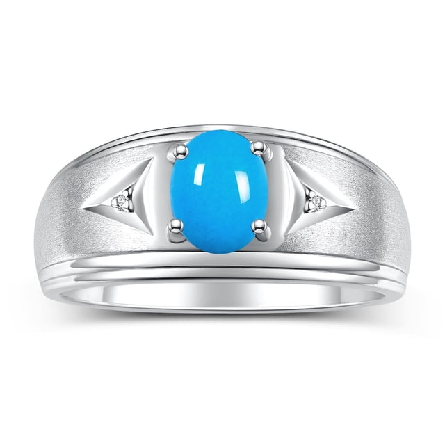RYLOS Men's Rings Sterling Silver Classic 8X6MM Oval Gemstone & Diamond Ring Turquoise December Birthstone Rings For Man Silver Rings Size 9