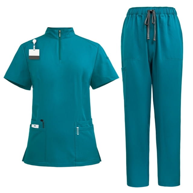 Ensemble de Sarraus 2 Pcs à Multiples Poches, Haut à Col en V et Pantalon de Sarrau à Cordon – Uniforme Médical pour Femmes, Ensemble Assorti de Sarraus