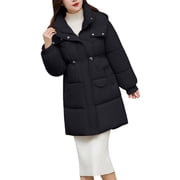 Quilted Jacket, Comdrip Women's Long Winter Puffer Coat Warm Thicken Fleece Lined Down Jacket Detachable Hooded Parka Womens Puffer Jacket Black 2XL