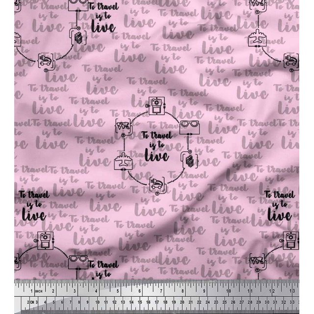 Soimoi Pink Cotton Duck Fabric To Travel Is To Live Text Print Fabric by the Yard 56 Inch Wide