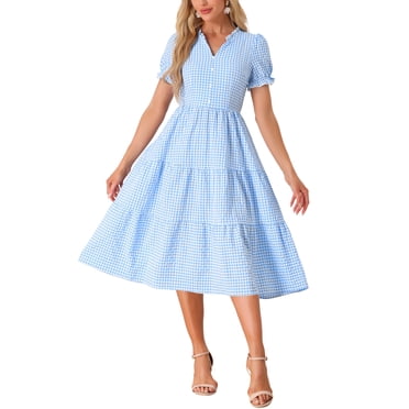 INSPIRE CHIC Women's Gingham Dress Summer Ruffle Trim V Neck Button Decor Flowy Midi Dresses M Blue