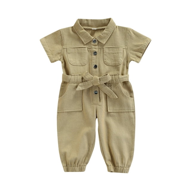 Girls Fashion Solid Color Pocket Single-Breasted Long Sleeve Jumpsuit