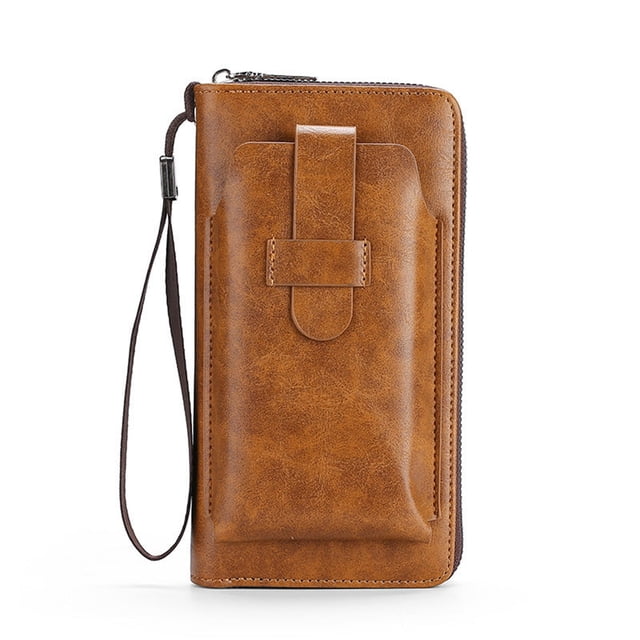 Cagogo Large Capacity Leather Wallet, RFID Blocking Zippered Billfold, Men's Long Wallet for 6.9 Inch Phones, Multiple Card Slots and Cash Compartments, Slim Bifold Design for Travel and Business,