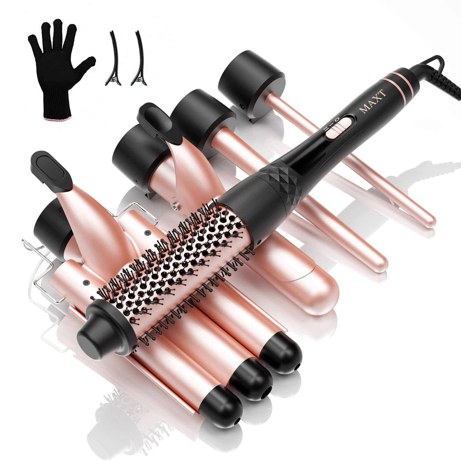 Curling Iron Set 5 in 1,MAXT Curling Wand Set Interchangeable Triple Barrel Curling Iron and Curling Brush Ceramic Barrel Wand Curling Iron(0.35â-1.25â)(Pink)