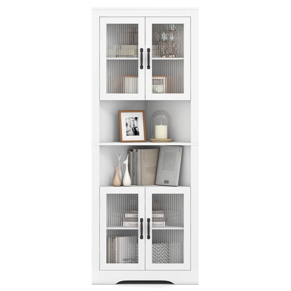 Costway 67" Tall Corner Hutch with 4 Fluted Glass Doors 3-Level Adjustable Shelves White