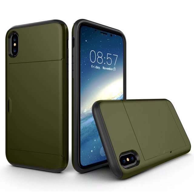 iPhoneXR Case Hybrid Rugged Hard Back Cover with ID Credit Card Slot Holder Wallet Case for Apple iPhoneXR - Army Green