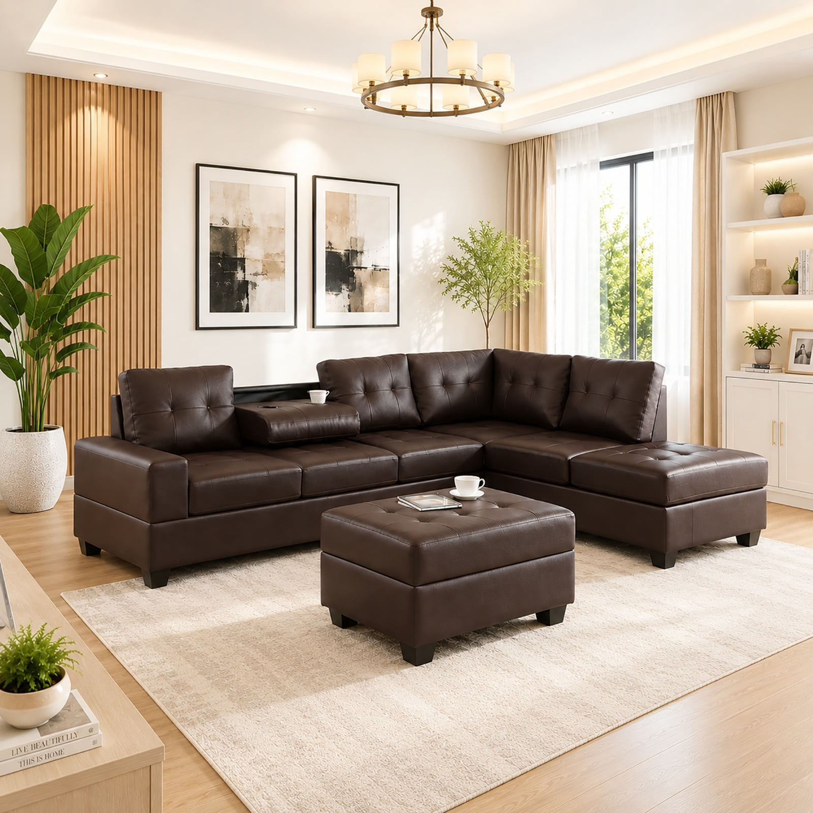 Cosmic Homes Marcel Leather Upholstered Sectional Sofa, Reversible Chaise & Storage Ottoman – Dark Brown, Living Room Set