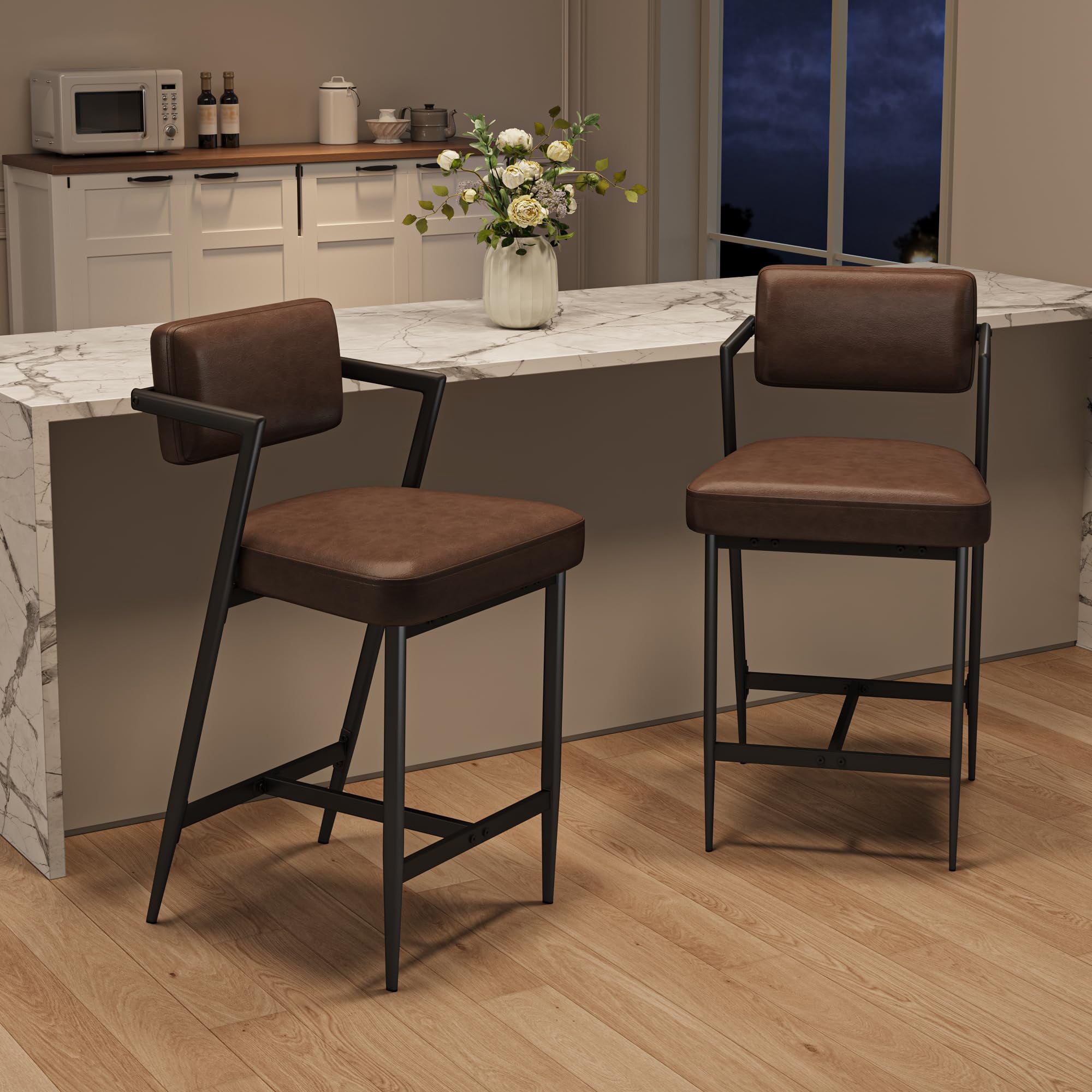 Bar Stools Set of 2, Counter Height Bar Stool with Backrest and Footrest, Upholstered Counter Height Barstools with Thick Cushion for Dining Room Kitchen Bar