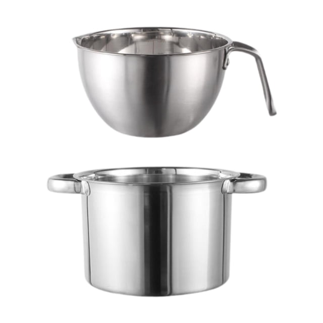 Lipstore Double Boilers Chocolate Pot with a flat bottom design, including an 18cm stainless steel pot and a 16cm melting bowl. The set features a polished surface, a heat-resistant handle, and a pouring groove for convenience. Ideal for melting chocolate, butter, and cheese, as well as for DIY crafts. Dishwasher safe for easy cleaning.