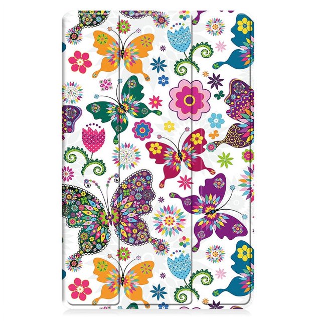 For Samsung Galaxy Tab A9 Plus Case 2023 PU leather protective hard back cover for Galaxy Tab A9 Plus 11-inch tablet. Features a colourful butterfly and floral design on a white background. Shockproof, drop-resistant, anti-dust, and includes auto sleep/wake functionality. Ideal as a stylish tablet sleeve or accessory.