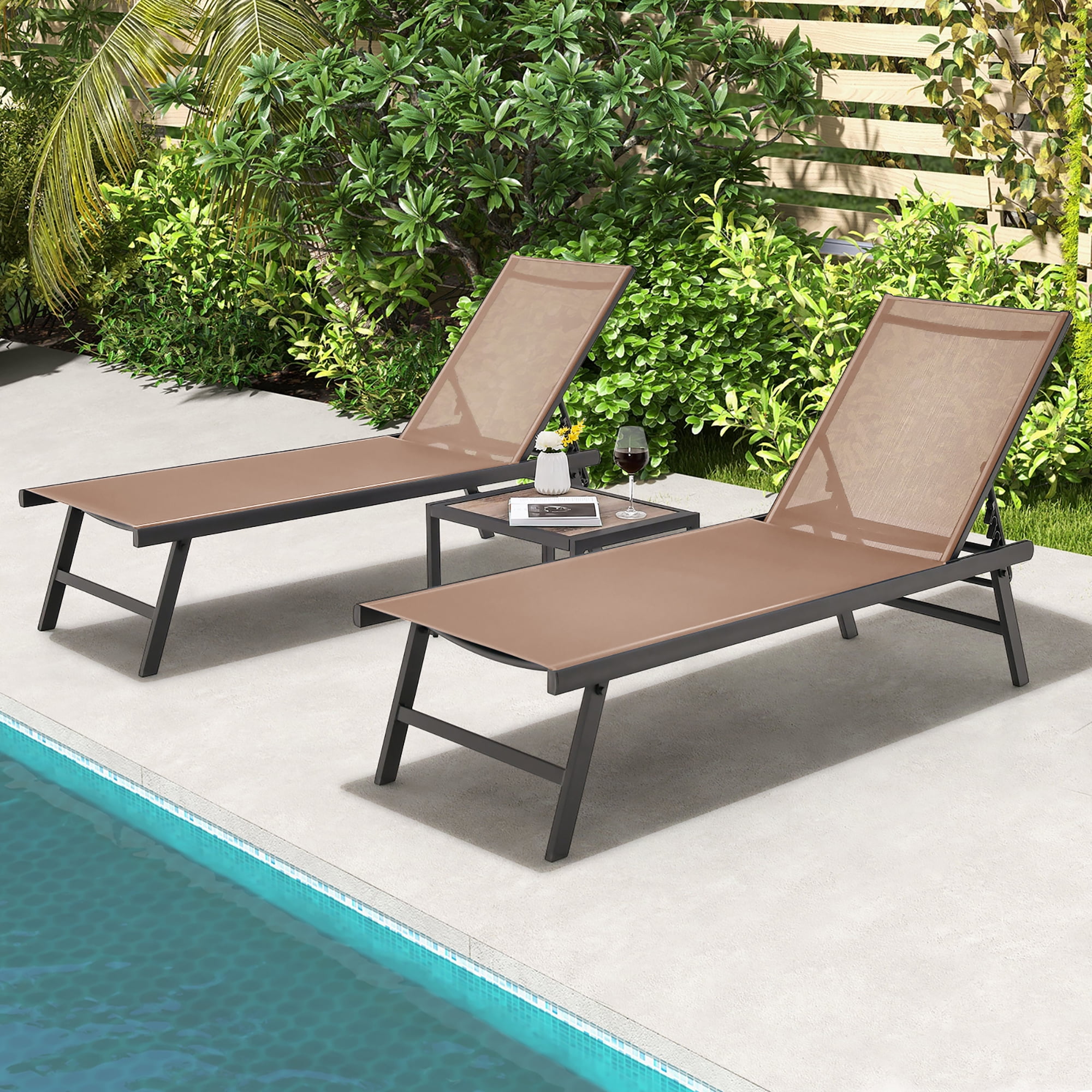 Gymax Ensemble de 3 Pcs pour Patio Chaise Longue Fauteuil Inclinable en Aluminium Table Extérieur Réglable Beige