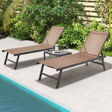 Gymax Ensemble de 3 Pcs pour Patio Chaise Longue Fauteuil Inclinable en Aluminium Table Extérieur Réglable Beige