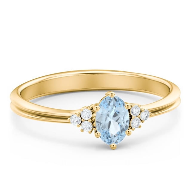 Birthstone Oval Ring with Shoulder Accents - Aquamarine (March)