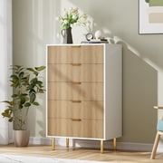 YUSAZENS Natural Dresser, Modern 5 Drawer Dresser for Bedroom with Gold Handle and Large Drawer, Wood Double Chest of Drawers and Storage Organizer for Living Room, Hallway, Entryway