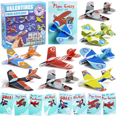 Joyfy Lot de 28 Cartes de la Saint-Valentin avec Avions en Mousse pour Enfants Cadeaux de Classe de la Saint-Valentin Garçons Échange Jouets Cadeaux