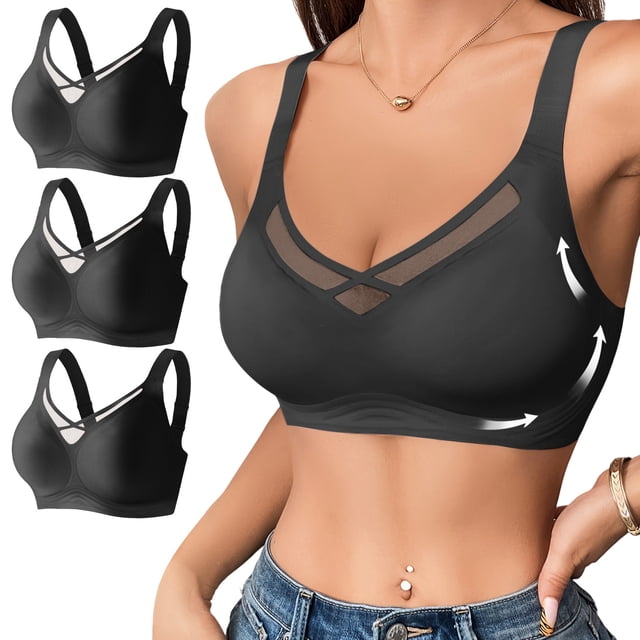 Kyusrd Plus Size Cut-Off Seamless Bra For Women'S 3Pcs Supportive Full Coverage Wireless Bralette Bra Adjustable Shoulder Straps Bra Soild Color Everyday Athletic Sport Bra