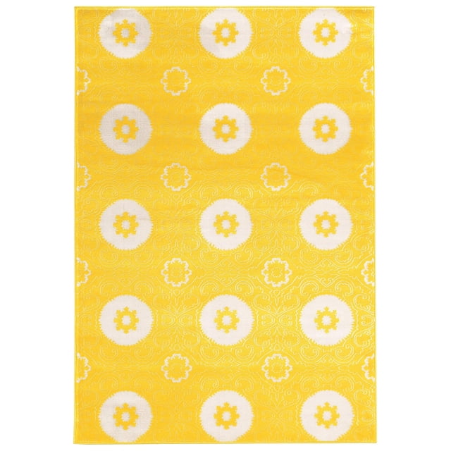 8X10.4 PRISMA KARMA yellow and white rectangular area rug crafted from 100% polypropylene with a flat machine-made surface featuring white faux silk circular floral patterns and subtle swirling accents, ideal for modern home decor and easy vacuum cleaning.