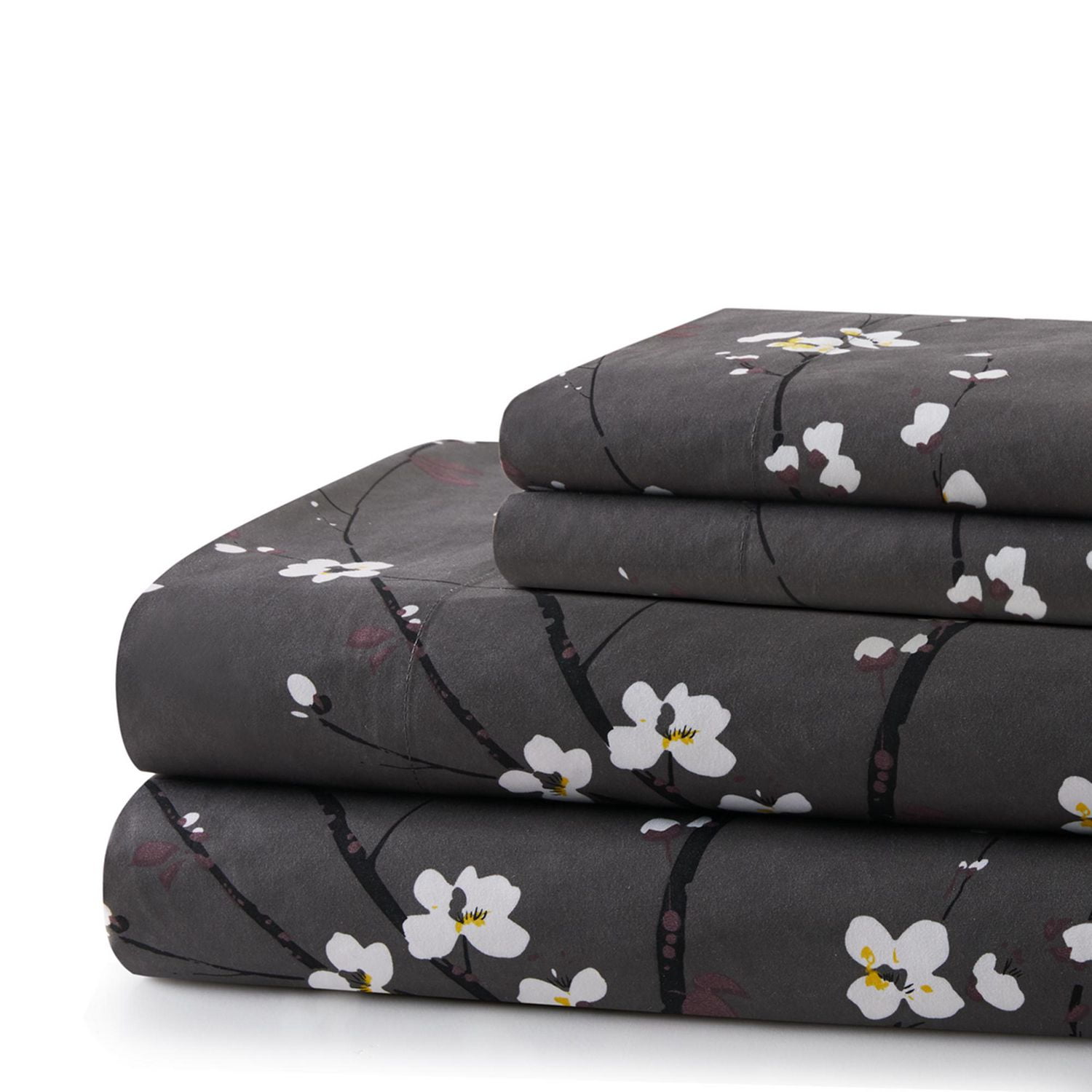 Marina Decoration Printed 600 Thread Count Soft Deep Pocket Hotel Standard Long Staple Cotton Blend Percale All Season Bedding Sheet Set, Plum Blossom Floral Grey Pattern