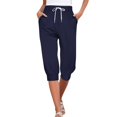 thumbnail image 1 of Lroveb Capri Pants for Women Drawstring Workout Summer Pants Shorts 2024 High Waisted Ruffle Floral Pleated Hem Casual Pants Dark Blue, 1 of 5