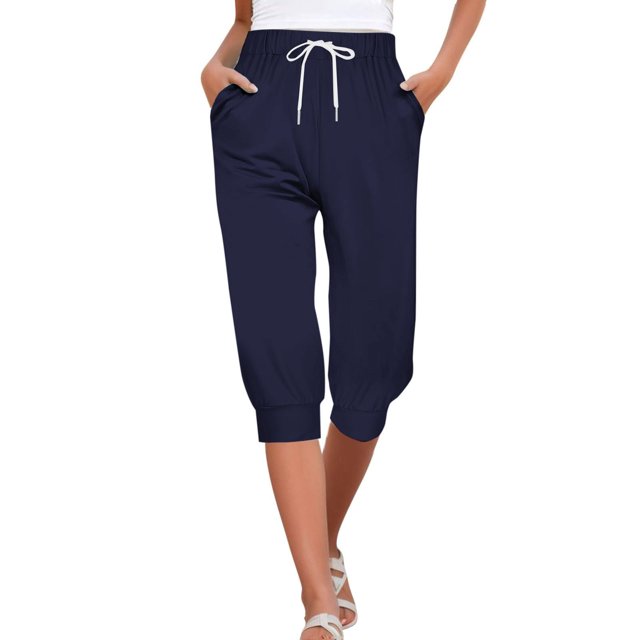 Lroveb Capri Pants for Women Drawstring Workout Summer Pants Shorts 2024 High Waisted Ruffle Floral Pleated Hem Casual Pants Dark Blue