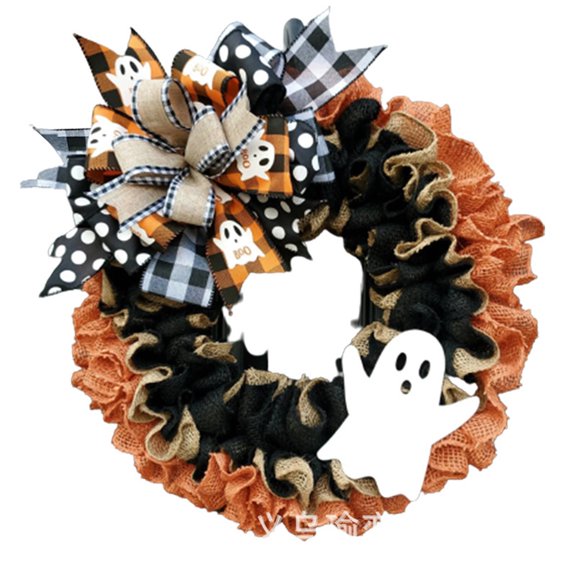 Honganda Couronne d'Halloween pour Porte d'Entrée, Ruban Nœud à Carreaux Buffalo Fantôme Couronne Artificielle, Décoration d'Horreur Guirlande Effrayante de Festival