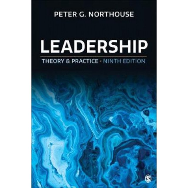 The cover of 'Leadership: Theory and Practice' by Peter G. Northouse, Ninth Edition. The design features a bold title in white text on a dark background with a swirling blue abstract pattern. Published by SAGE.