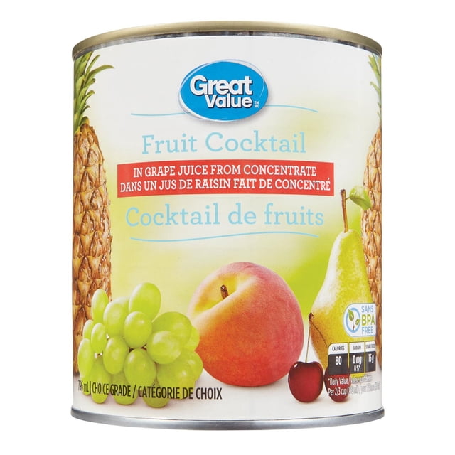Great Value Cocktail de Fruits en Conserve dans du Jus de Raisin à Base de Concentré, 796 ml, avec Étiquette Indiquant Ananas, Raisins Verts, Pêche, Cerise et Poire, Emballage Sans BPA, Valeurs Nutritives Incluant 80 calories par Portion, Idéal pour le Rangement du Garde-Manger.