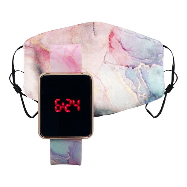 Montre de Température à DEL avec Masque Assorti Doté d'Un Affichage Numérique Carré avec Heure à DEL Rouge 6:24, Boîtier Ton Or et Bracelet en silicone Effet Marbre pastel. le Masque Facial Assorti Présente le Même design Effet Marbre pastel avec Boucles d'Oreilles Noires Ajustables, Convient au Port Quotidien.