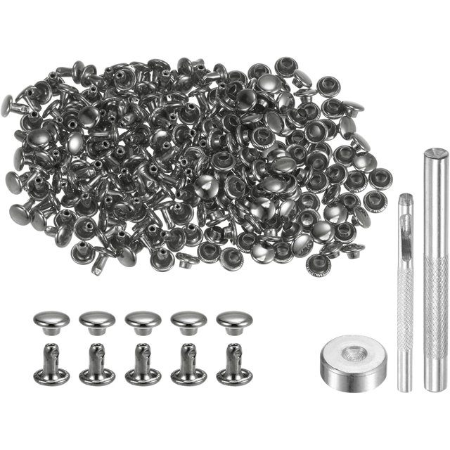 200 Sets Leather Rivets 6 x 6mm Metal Double Cap Rivet Snaps Studs Fasteners with 3pcs Setting Tools Rivets for Leather Craft DIY Repair Decoration, Gunmetal