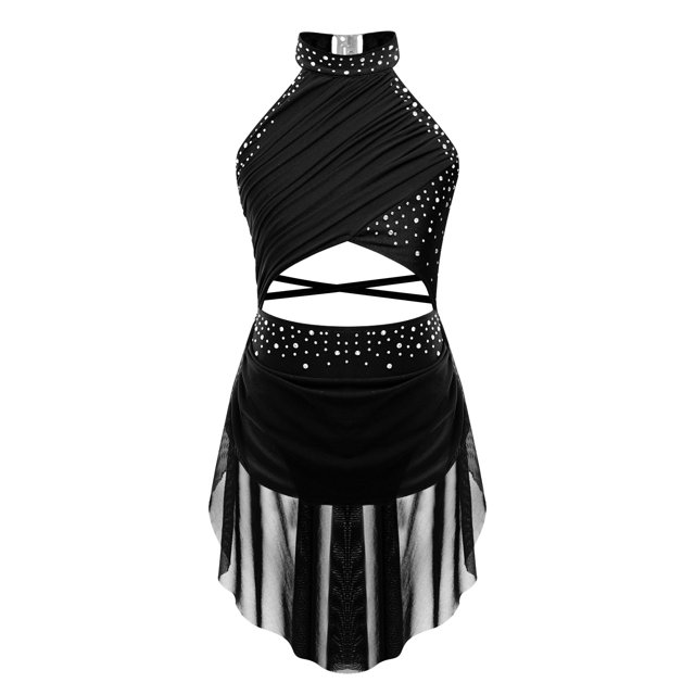Raenseen Robe de Danse Ballet Jazz pour Filles, Justaucorps de Patinage Artistique, Strass Brillants, Robe de Bal Sans Manches, Noir 6