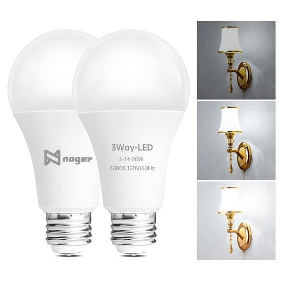 Noger 3-Way Led Light Bulbs A21, 50 100 150W Equivalent, 5000K Daylight, 3 Way E26 Light Bulbs for Reading, 500-1600-2200LM? 2 Pack