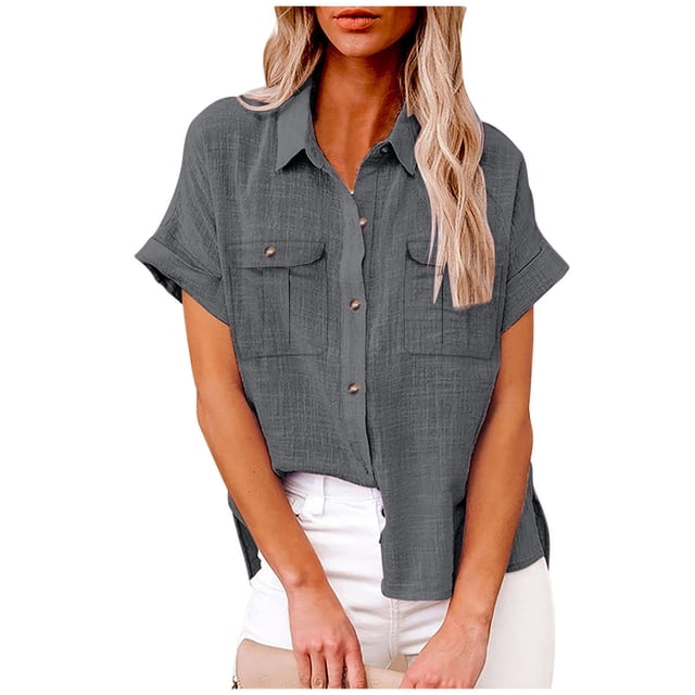 fheaev Button Up Shirts For Women with roll-up short sleeves, button-down front, and breathable cotton-linen fabric. This V-neck blouse features a collared top and two front pockets, displayed in a solid grey color. Ideal for casual, work, or outdoor occasions, and pairs well with jeans or leggings.