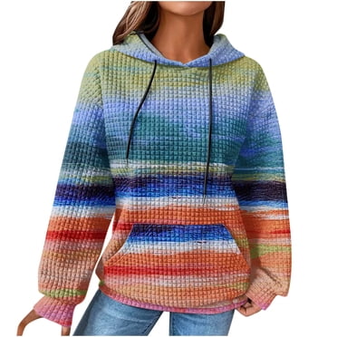 LMKIHUSA Women's Waffle Hoodies Rainbow Print Drawstring Sweatshirts Round Neck Pullover Tops Casual Loose Pocket Hoodies Blue,XXL