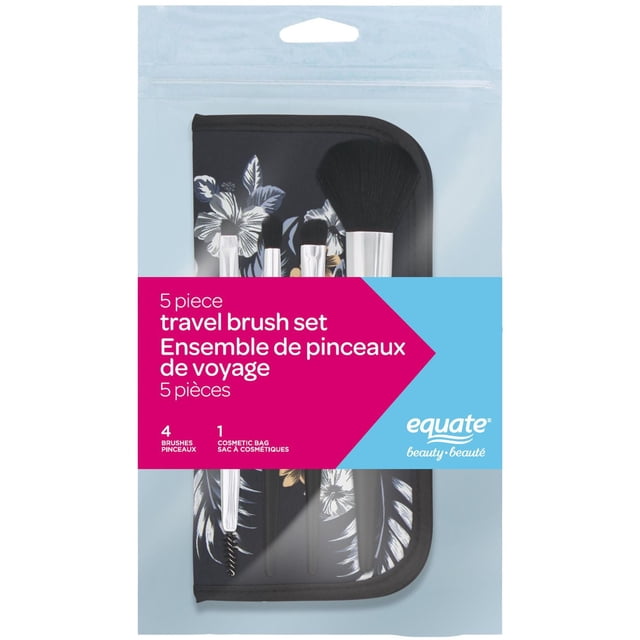 Equate Beauty 5 Piece Travel Brush Set with four makeup brushes including blush, eyeshadow, crease, and angled brow/eyelash brushes, stored in a black floral cosmetic bag with white and beige flowers, packaged in a clear resealable pouch with bilingual pink and blue label, suitable for travel and daily makeup use.