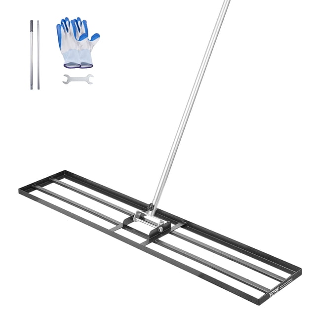VEVOR 10x48in Lawn Leveling Rake, a durable garden tool made of carbon steel with powder-coated surface, featuring an 83.9in adjustable handle and wide ground plate for leveling soil, sand, and compost in yards, gardens, and golf courses. Includes gloves, wrench, and assembly hardware.