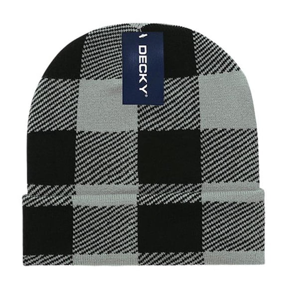 Decky Beanies 8027-BLK Long Plaid Beanie - Black