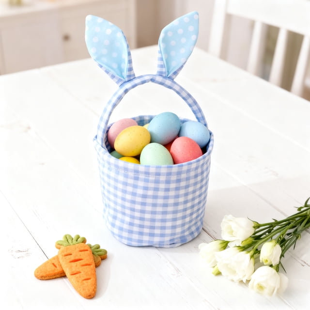 Tyidzon Easter Mood Decoration Cute Plaid Basket With Rabbits Ears Easter Eggs Candy Gift Storage Handbag