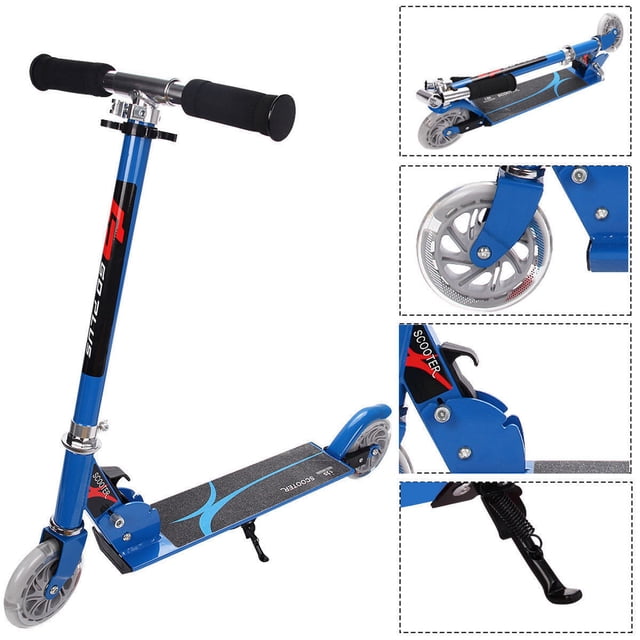 Costway Trottinette à Pousser pour Enfants à 2 Roues en Aluminium Pliable Bleue, Conçue pour les Enfants de 4 à 13 Ans. Comprend des Guidon à Hauteur Réglable de 30 Pieds' à 34 Pieds', un Tube en T Pliable et un Plateau pour un Rangement compact, et une construction durable en Aluminium de Qualité Aéronautique. Comprend des Roues en PU Lisses avec des Lumières DEL sur la Roue Arrière pour la Visibilité et le Plaisir. Idéale pour Développer l'Équilibre et la coordination, avec une Capacité de Charge de 154 Lb.